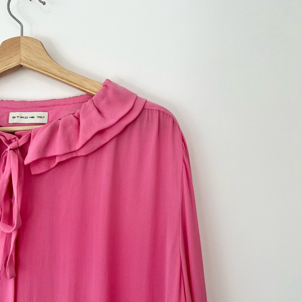 Etro Pink 100% Silk Ruffled Neckline Oversized Button Up Tie Blouse UK L - Picture 2 of 15